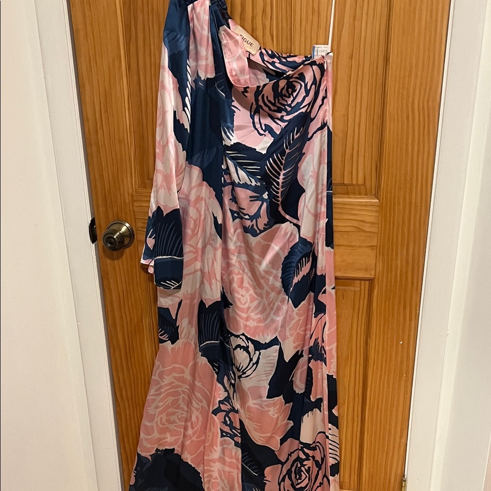 Elegant Greta One Shoulder Floral Dress - Pink and Blue Silk